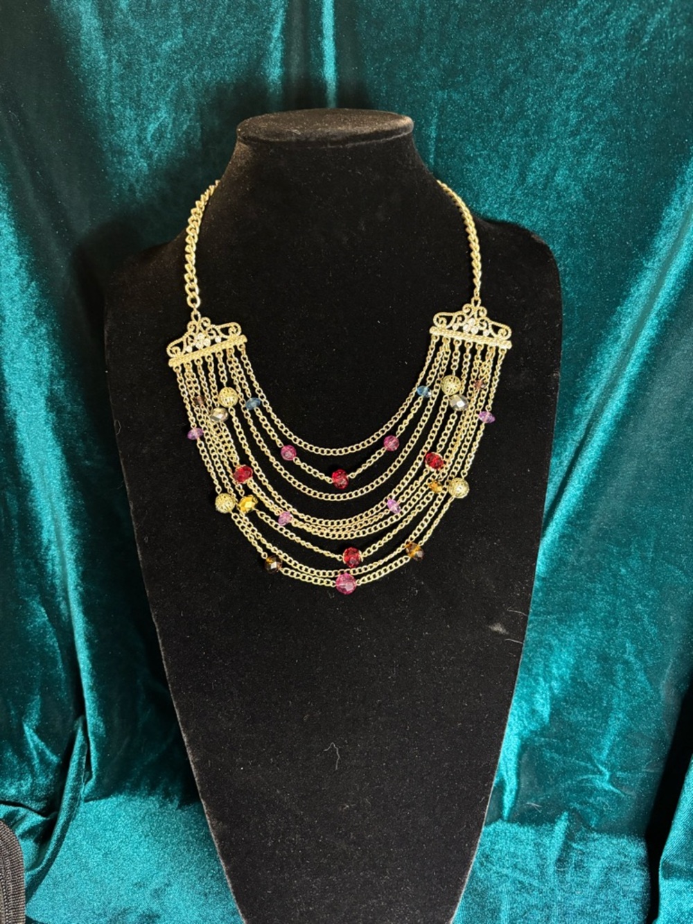 Gold tone Multi-Row Chain Necklace with Multicolored Beads